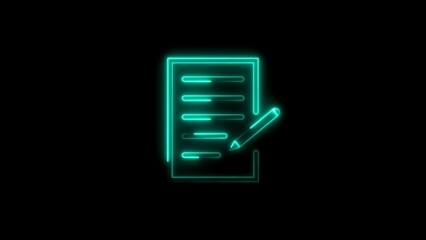 Illuminated neon illustration of a document with a pen symbol on a dark black background