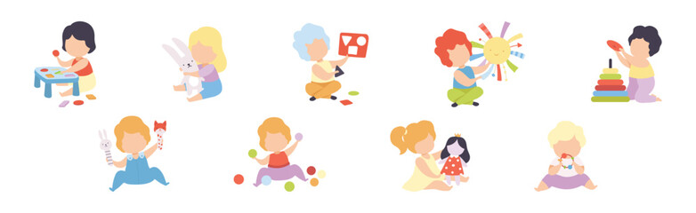 Baby Boy and Girl Playing Toys in Nursery Vector Set