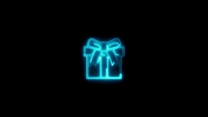 Glowing neon turquoise gift box icon on a black background symbolizing presents and celebrations