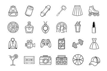 Youth Culture Icon Set | Teenager Lifestyle Hobbies and Accessories | Line Art

