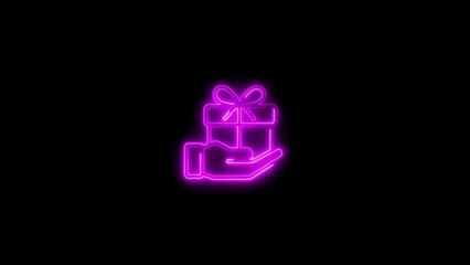 Glowing neon illustration of a hand holding a wrapped gift box against black background