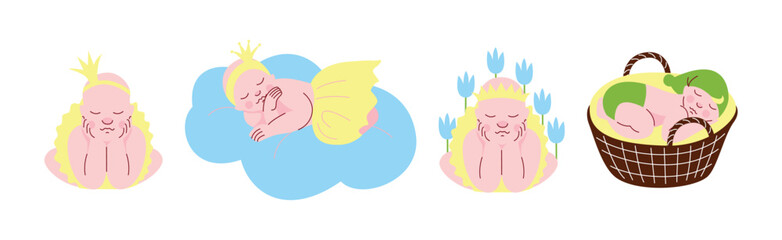 Cute Sleeping Newborn Baby Cuddle and Curled Vector Set