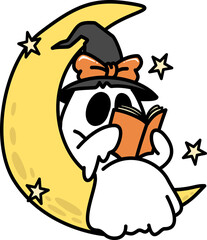 Retro Groovy Halloween Ghost Reading on the Moon Illustration