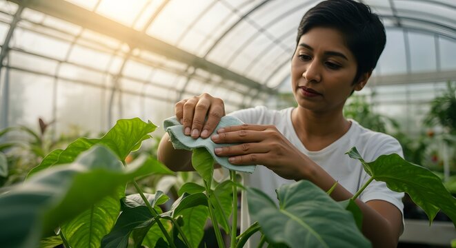 Woman Gently Cleaning Green Leaves in a Lush Greenhouse Showing Care for Plants and Nature