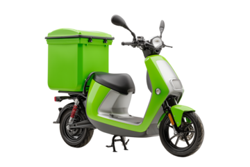 Bright green electric scooter with large insulated delivery box ready for urban food or package transport