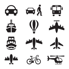 This icon set features a collection of vector transportation symbols, including cars, buses, trucks, trains, airplanes, and boats, for various travel and transport designs