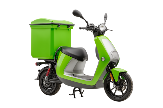 Bright green electric scooter with large insulated delivery box ready for urban food or package transport