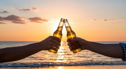 Two beer bottles are clinked together on a beach as the sun sets