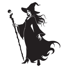 Halloween witch  with broom in silhouette illustration