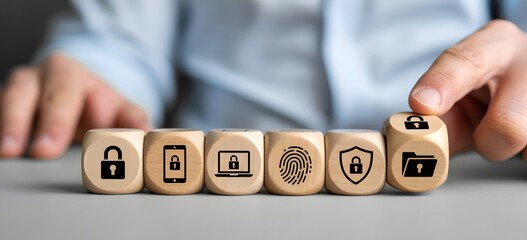 Cybersecurity Cubes: A conceptual image, an individual places a cube with a padlock symbol on the edge, representing data security and privacy in a digital age.