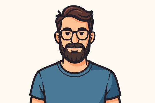 Portrait vector illustration of casual bearded man with glasses smiling friendly male character avatar profile person cartoon flat design simple background professional employee