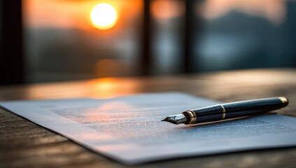 Fototapeta premium Document and pen at sunset