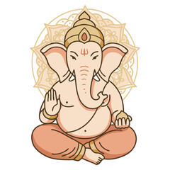 Serene Lord Ganesha, the Hindu elephant god, seated in a meditative lotus pose with a beautiful mandala background.