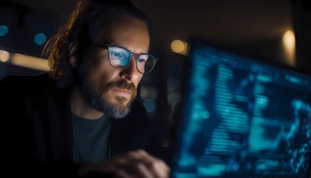 Focused Software Engineer Working at Night – Dark Tech Office Environment