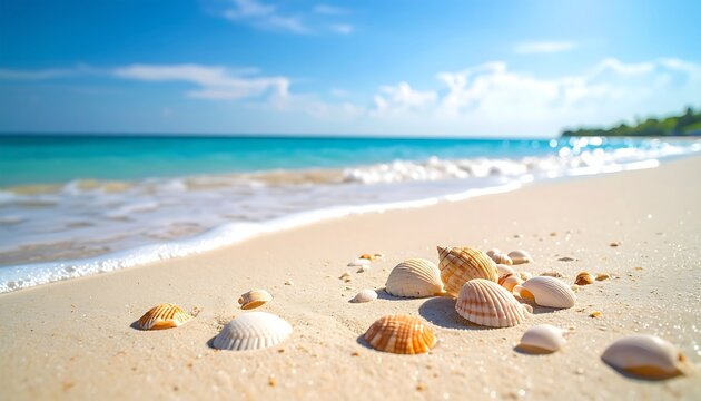 Seashells on a pristine beach, sunlit waves