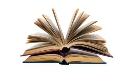 Pair of open books in motion with flipping pages, isolated on transparent cutout back