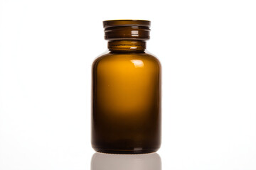 a brown glass bottle with a black lid