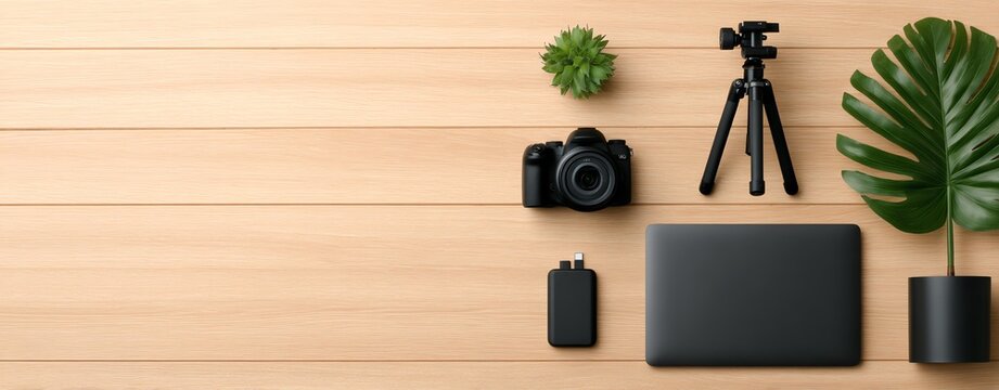 Digital Nomad Tools Workspace arrangement featuring a laptop, camera, tripod, and greenery on a wooden surface. digital nomad cozy setup - Powered by Adobe