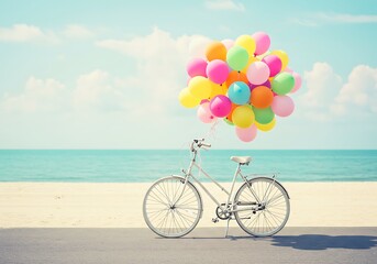 Fototapeta premium White Bicycle with Colorful Balloons on a Beach. Generative Ai