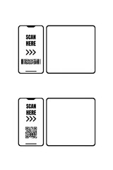 Set of Scan here, QR code scan on blank frame. printable scan here QR CODE , QR code scan sticker template, QR code for shop payment, Qr code scan with blank screen