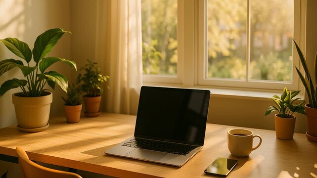 Productive home office setup with laptop smartphone coffee cup and green plants wooden desk near window warm natural sunlight