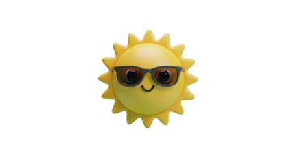 A yellow cartoon sun wearing sunglasses with a smile on a black background in a rendered image