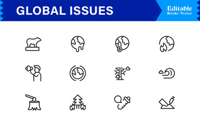 Global Issues Icon Set Featuring Environmental, Social, and Economic Symbols in Vector Style
