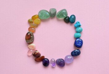 Gemstones for zodiac signs, minerals on the zodiac chart. The circle is lined with natural minerals. Predictions, witchcraft, spiritual esoteric practice.