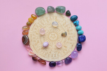 Gemstones for zodiac signs, minerals on the zodiac chart. Predictions, witchcraft, spiritual esoteric practice.
