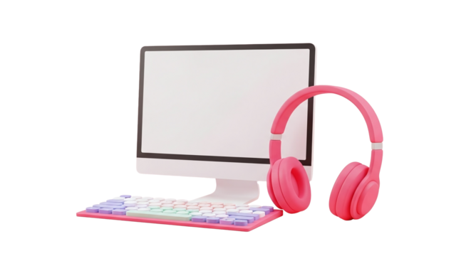 A computer with a blank screen and a colorful keyboard with pink headphones on the side view render