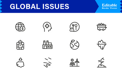 Global Issues Icon Set Featuring Environmental, Social, and Economic Symbols in Vector Style