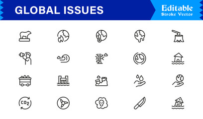 Global Issues Icon Set Featuring Environmental, Social, and Economic Symbols in Vector Style