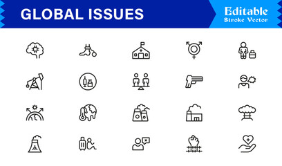 Global Issues Icon Set Featuring Environmental, Social, and Economic Symbols in Vector Style