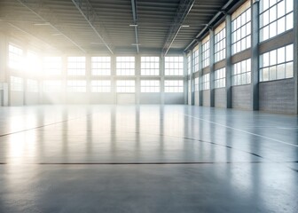 Fototapeta premium Softly blurred interior of a roomy sports facility featuring bright natural light from big windows and an open concrete floor. Defocused background image.
