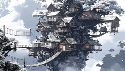 Realistic whimsical village built atop interconnected treetops, designed in dreamy grey tones with hand-crafted wooden houses, rope bridges, and soft morning mist, cinematic lighting and gentle depth 