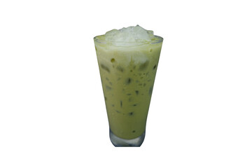 Refreshing Iced Matcha Latte Glass With Ice on White Background