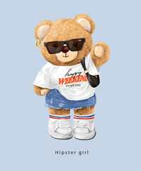 hipster girl slogan with cute girly bear doll in sunglasses and denim skirt vector illustration  - created by hand drawn