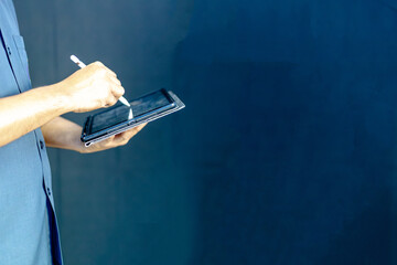  a man in a blue shirt extending his other hand with the palm. This versatile gesture can represent various concepts , making it ideal for business, financial, technological, and conceptual designs.