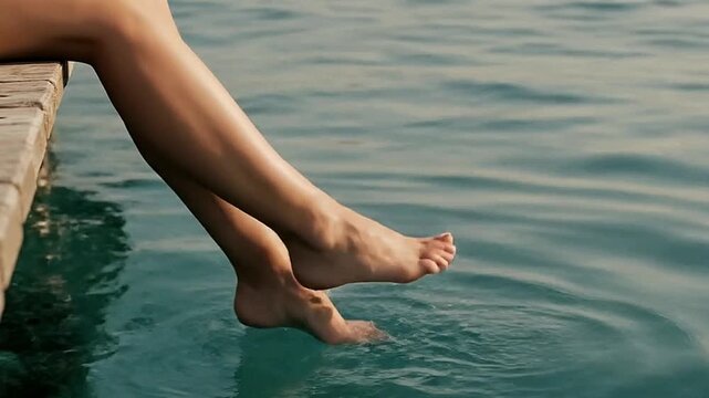 Legs dangle off a wooden edge into blue water with splashes visible