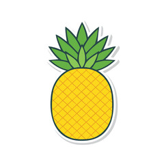 Minimal flat pineapple with leaf crown vector illustration, solid yellow and green colors, thick black outline, clean isolated tropical fruit graphic