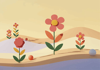 Naklejka premium Stylized flowers bloom on pastel, undulating hills in a minimalist 3D render.