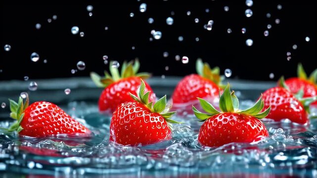 Fresh Strawberries Splashing in Water: Vibrant, Juicy, High-Resolution Stock Footage