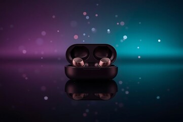 Modern wireless earbuds in charging case with a vibrant purple and teal gradient background and bokeh effect