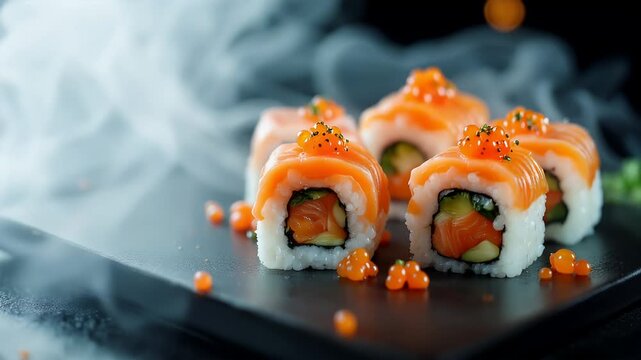 Smoked Salmon Sushi Rolls: Gourmet Japanese Cuisine, 4K Ultra HD Stock Footage