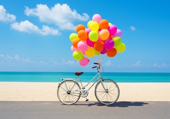 Fototapeta premium White Bicycle with Colorful Balloons on a Tropical Beach. Generative Ai