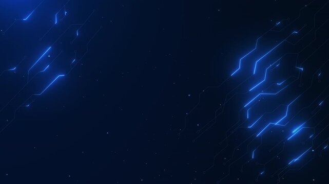 Futuristic blue digital circuit board with flowing data particles. Abstract technology animation for AI, cybersecurity, network systems, and future CPU systems.