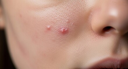 Close-up of a teenager's face with acne on the cheek  