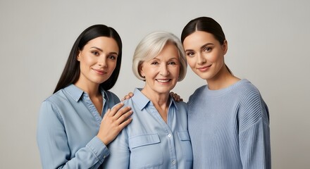 Three women from three generations of a family - a grandmother, her daughter, and her granddaughter - posing together with warmth and affection, symbolizing love and connection across ages