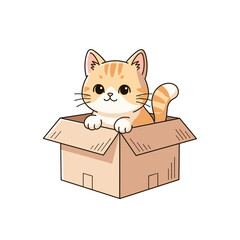 Cute Orange Tabby Kitten Sitting Playfully Inside a Cardboard Box