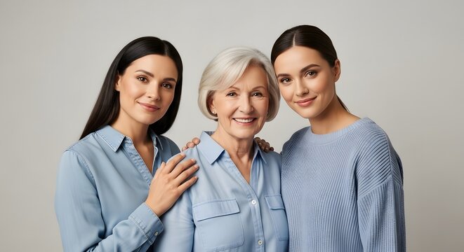 Three women from three generations of a family - a grandmother, her daughter, and her granddaughter - posing together with warmth and affection, symbolizing love and connection across ages